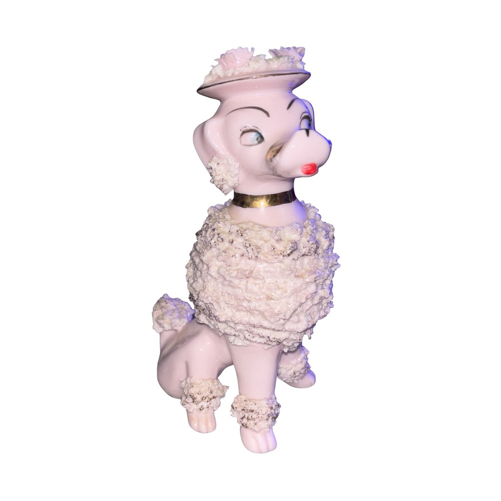 Vintage 1950s Pink Spaghetti Poodle Porcelain Figurine Gold Trim Floral Hat 7" - Picture 1 of 6
